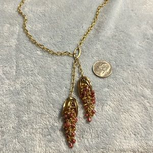 Gold Tone Necklace with Dangling Gold and Rosy Pink Beads 18” with 2” extender